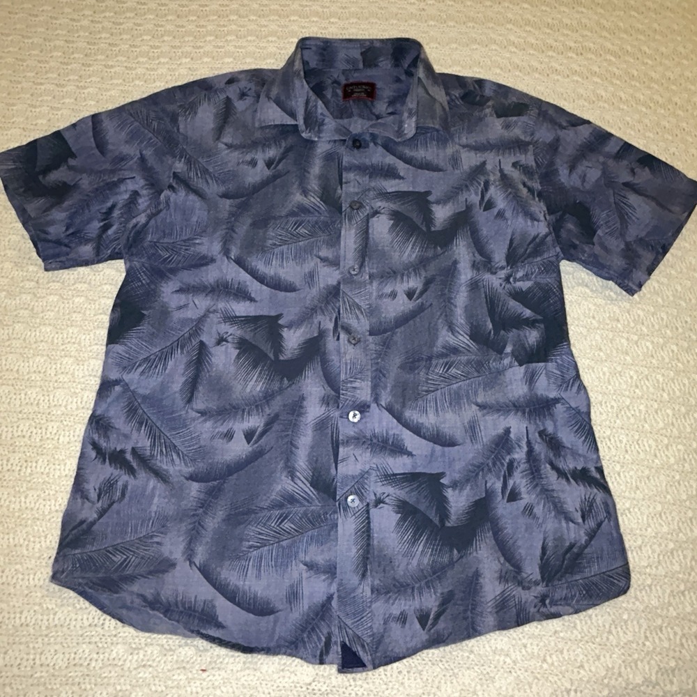 Untuckit Men's Medium‎ Tropical Blue Button Down Short Sleeve Shirt Palm Trees